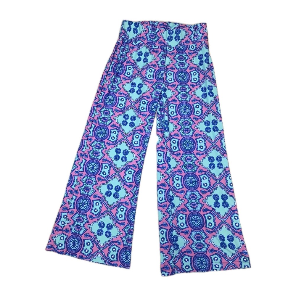 Kaeli Smith Palazzo Pants Women's Medium Pink Blue Geometric High Rise Wide Leg